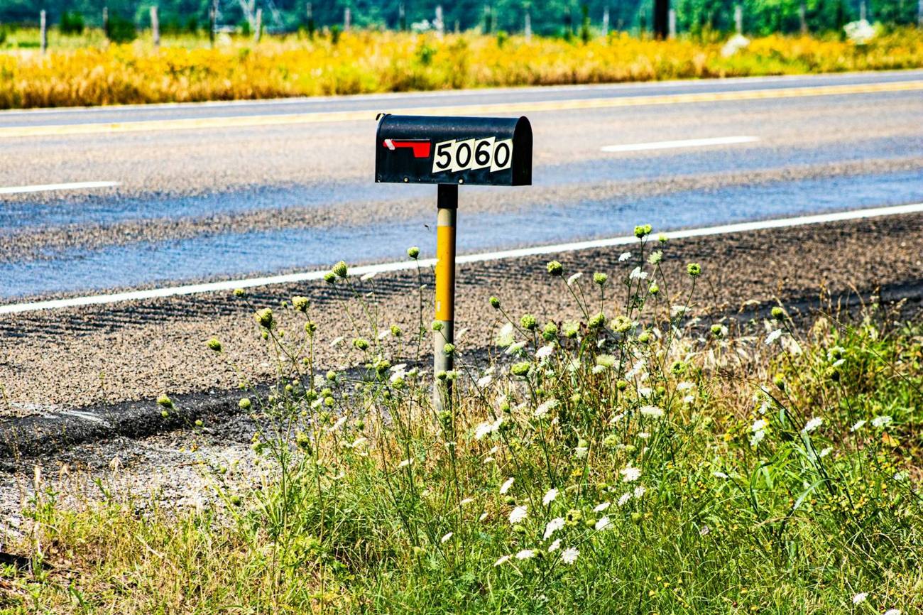 Rural mailbox beside a country road near Henderson, Texas